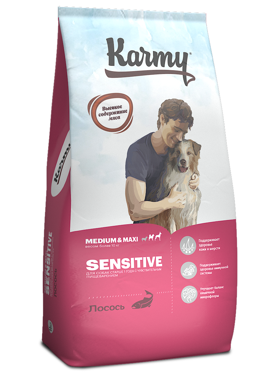 Корм Karmy Sensitive Medium&Maxi для собак средних и крупных пород для  чувствительного пищеварения,Лосось 14кг (22005) - интернет-магазин Зоолог  Великий Новгород